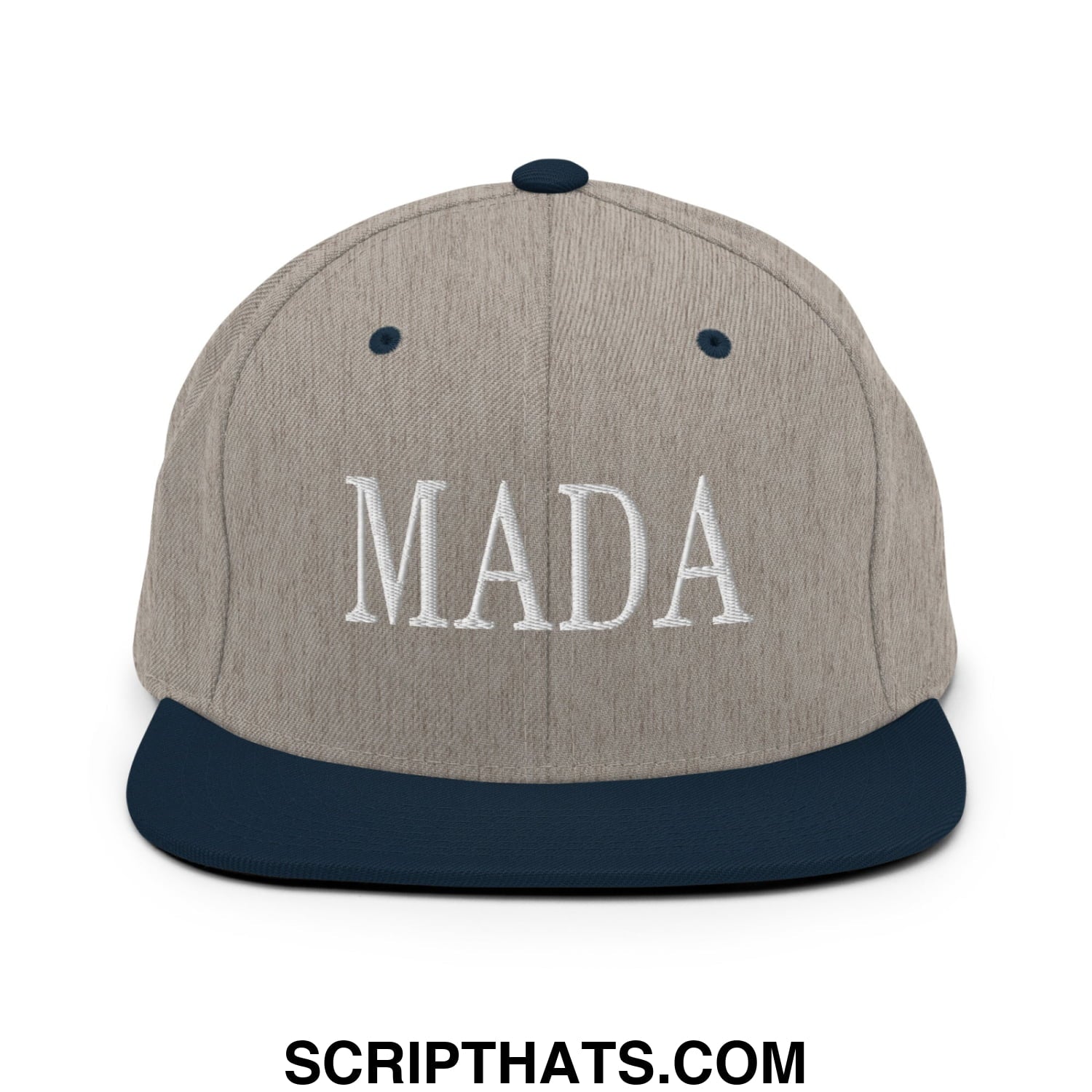 A gray and navy blue snapback hat with mada embroidered in white on the front flat bill brim