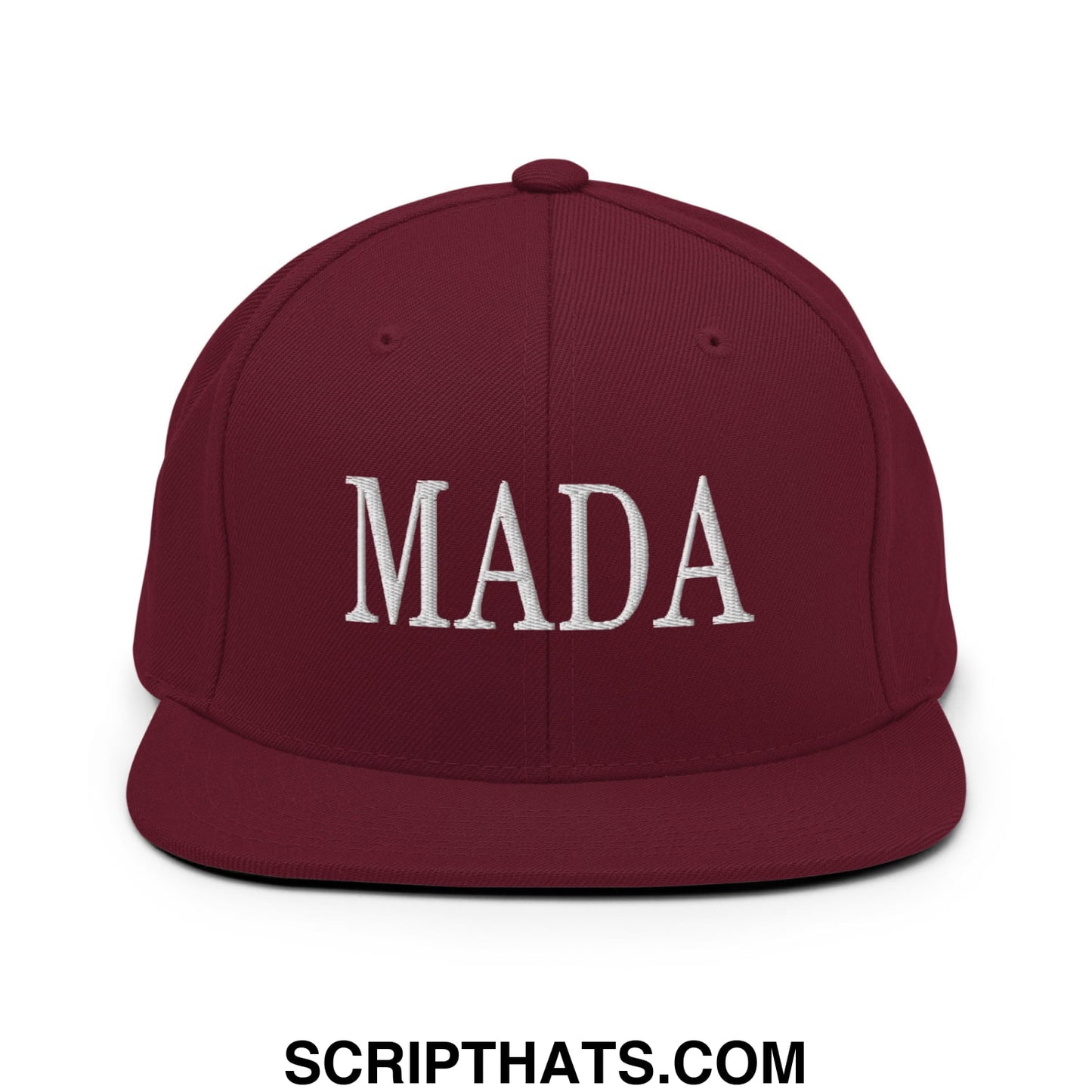 Maroon snapback hat with white embroidered mada lettering flat bill brim for make america democrat again fans