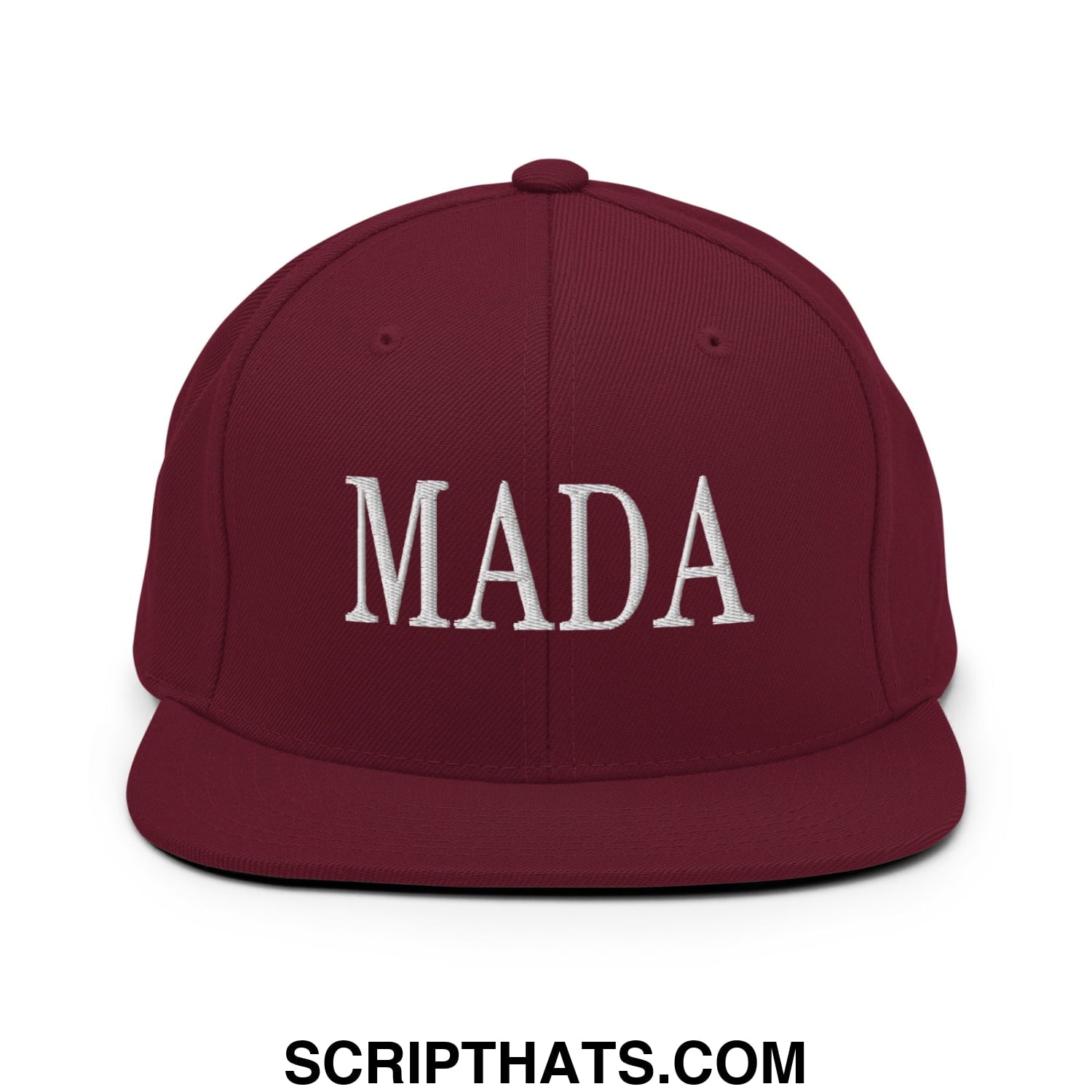 Maroon snapback hat with white embroidered mada lettering flat bill brim for make america democrat again fans
