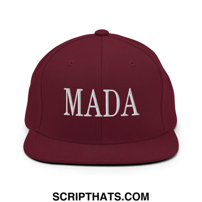 Maroon snapback hat with white embroidered mada lettering flat bill brim for make america democrat again fans