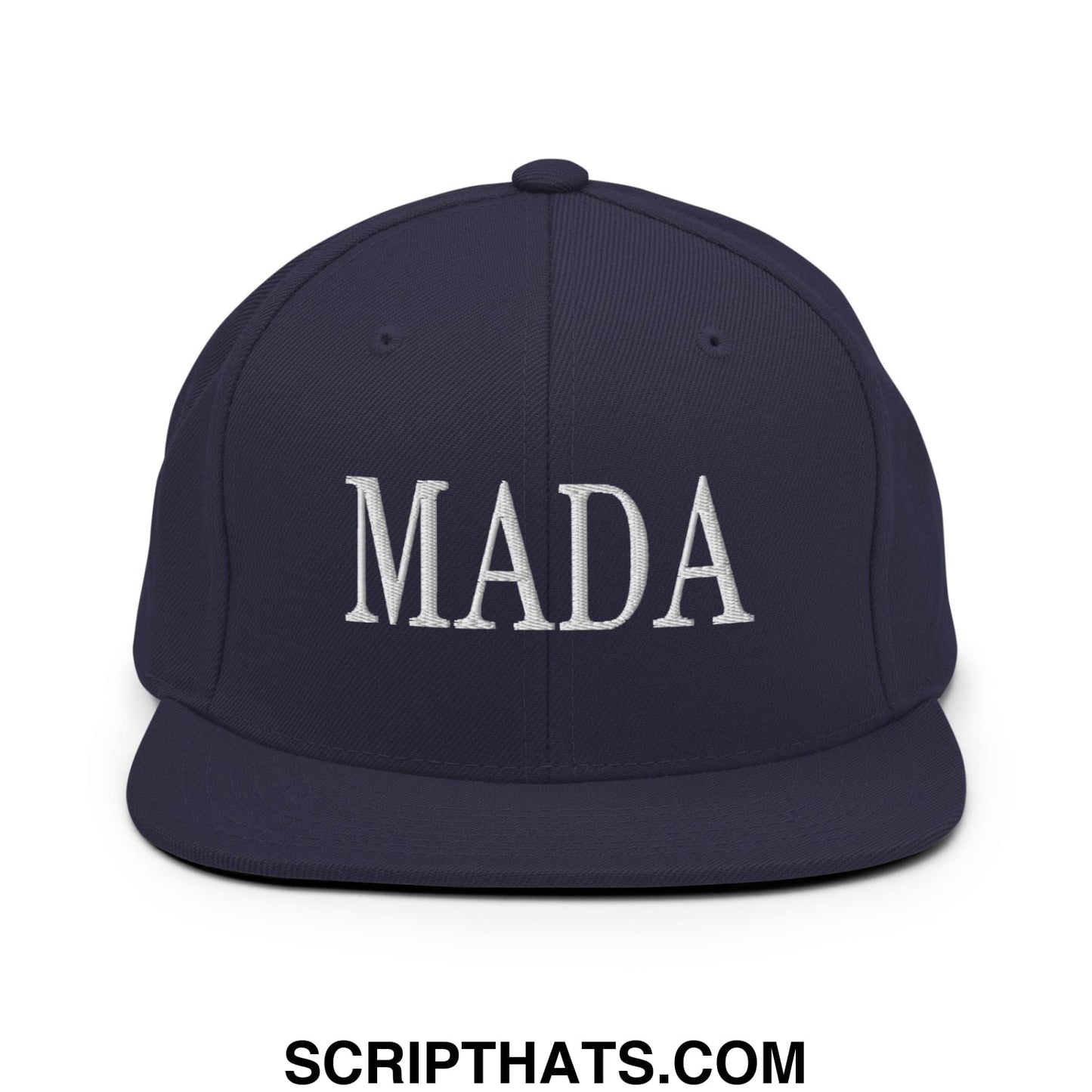 Navy blue snapback cap with white embroidered mada lettering featuring a flat bill brim for casual wear
