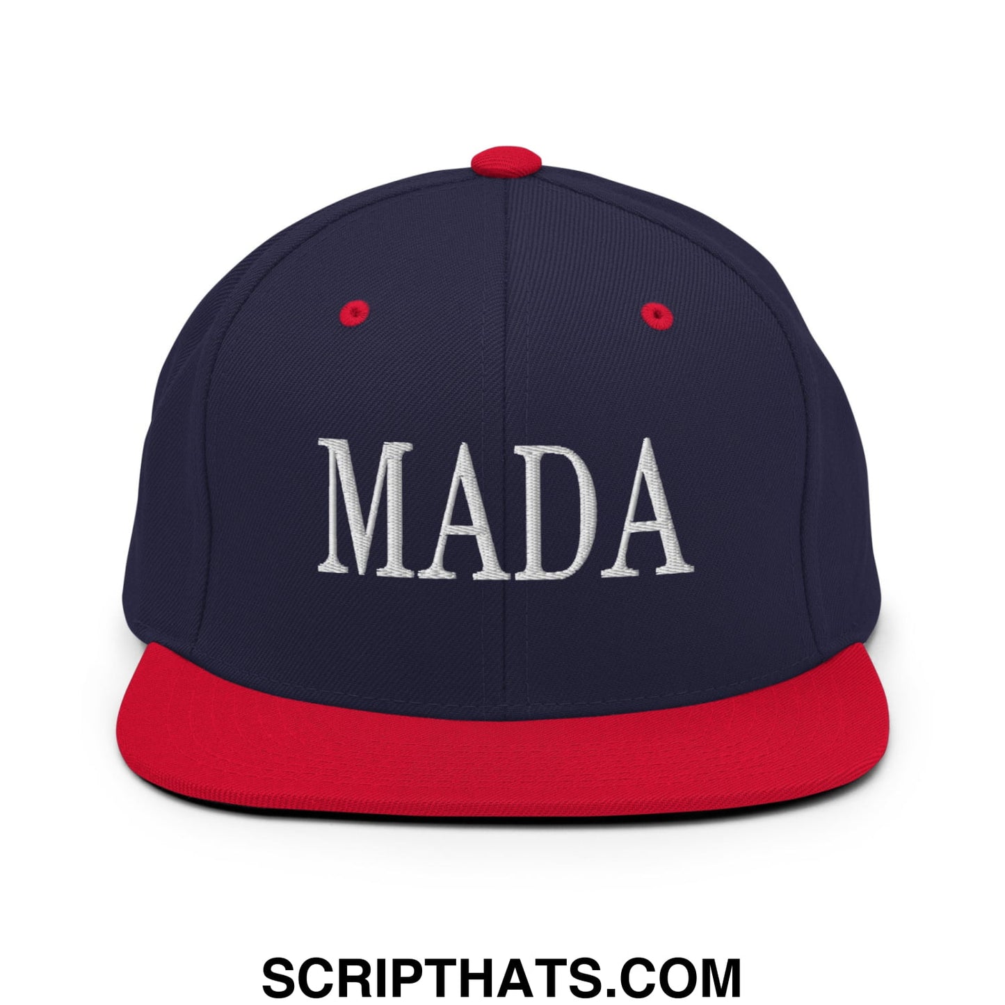 Navy blue snapback cap with red brim and white embroidered mada lettering in make america democrat again style