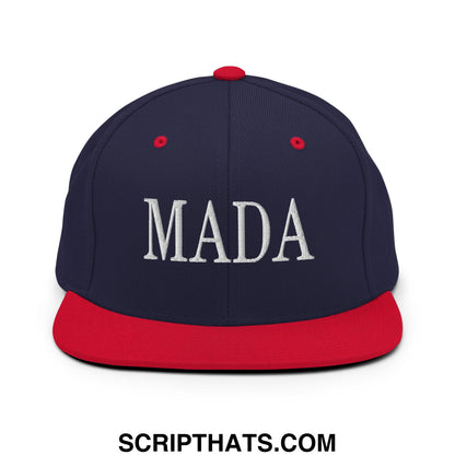 Navy blue snapback cap with red brim and white embroidered mada lettering in make america democrat again style