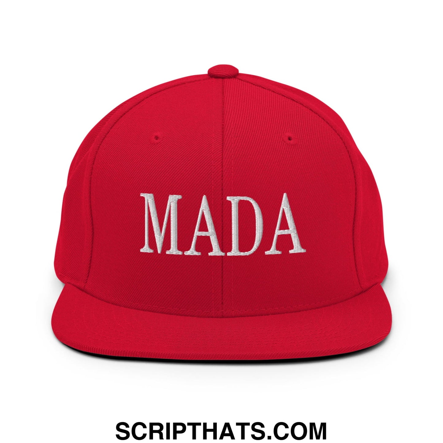 Red snapback cap with white embroidered mada lettering and flat bill brim for casual wear