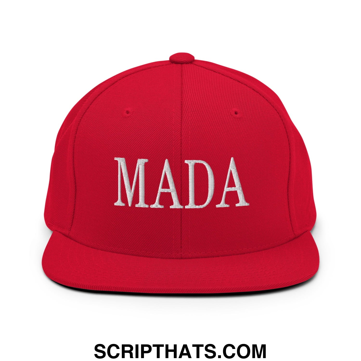 Red snapback cap with white embroidered mada lettering and flat bill brim for casual wear