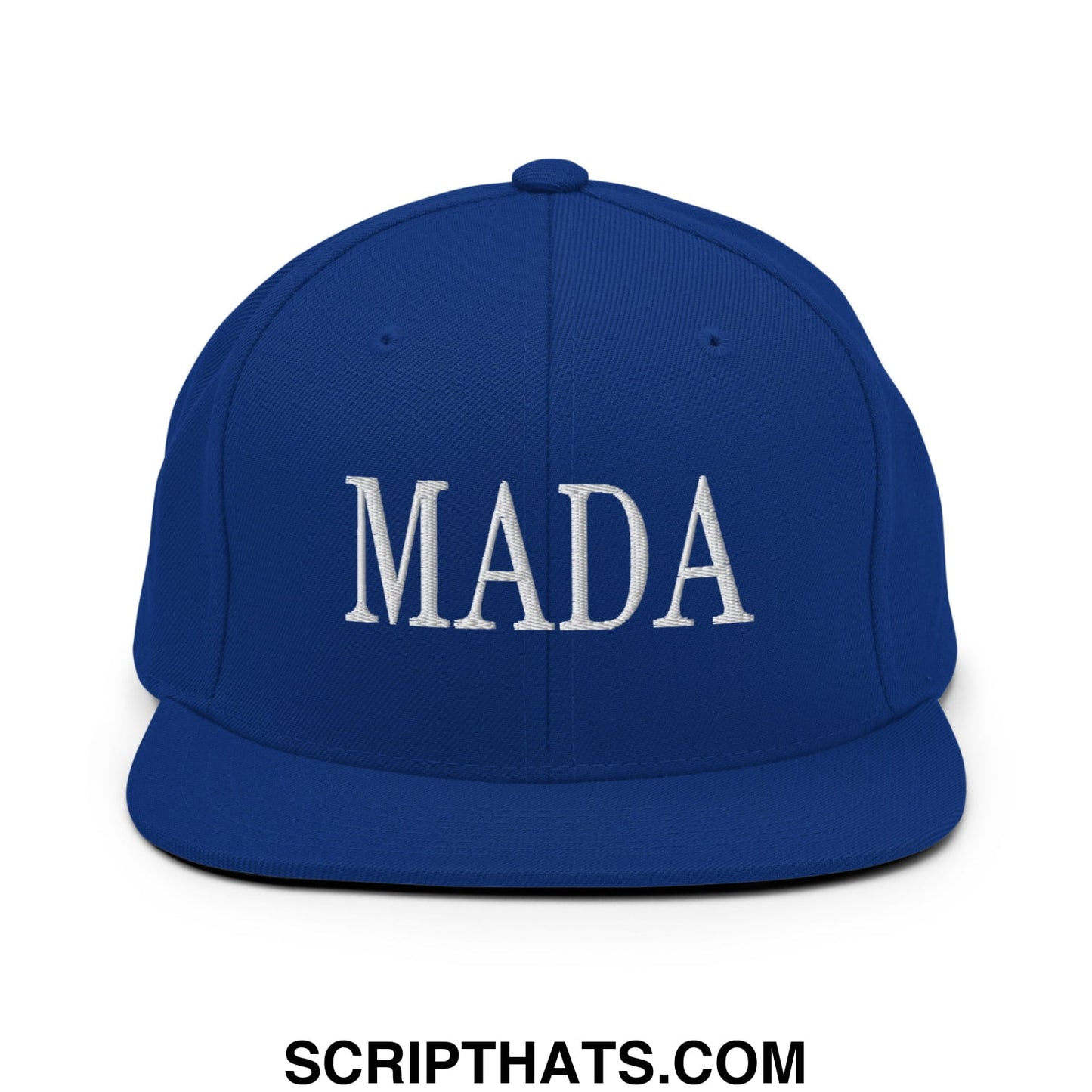 Royal blue snapback cap with white embroidered mada lettering flat bill brim for casual wear and political statement
