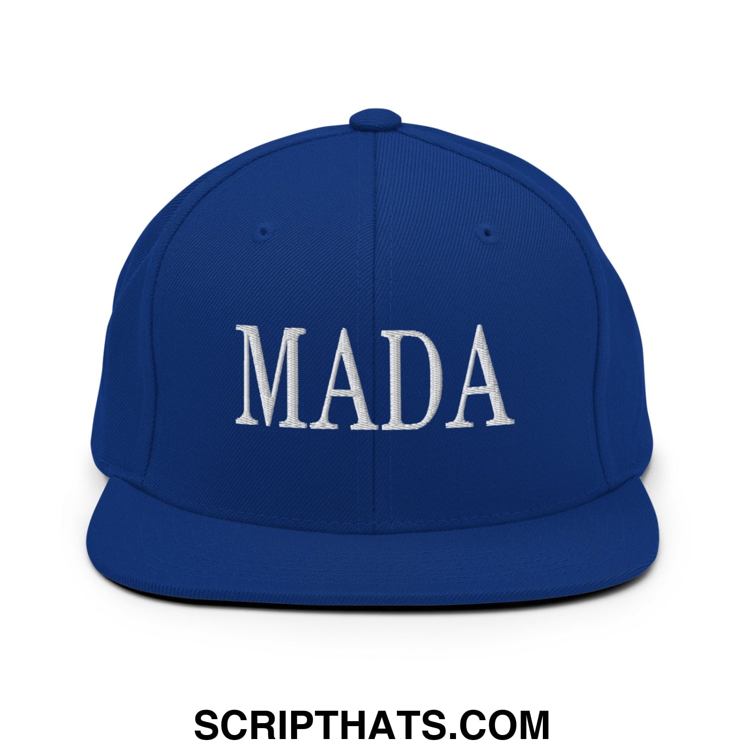 Royal blue snapback cap with white embroidered mada lettering flat bill brim for casual wear and political statement