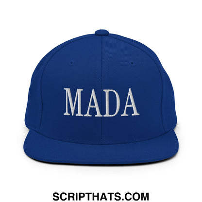 Royal blue snapback cap with white embroidered mada lettering flat bill brim for casual wear and political statement