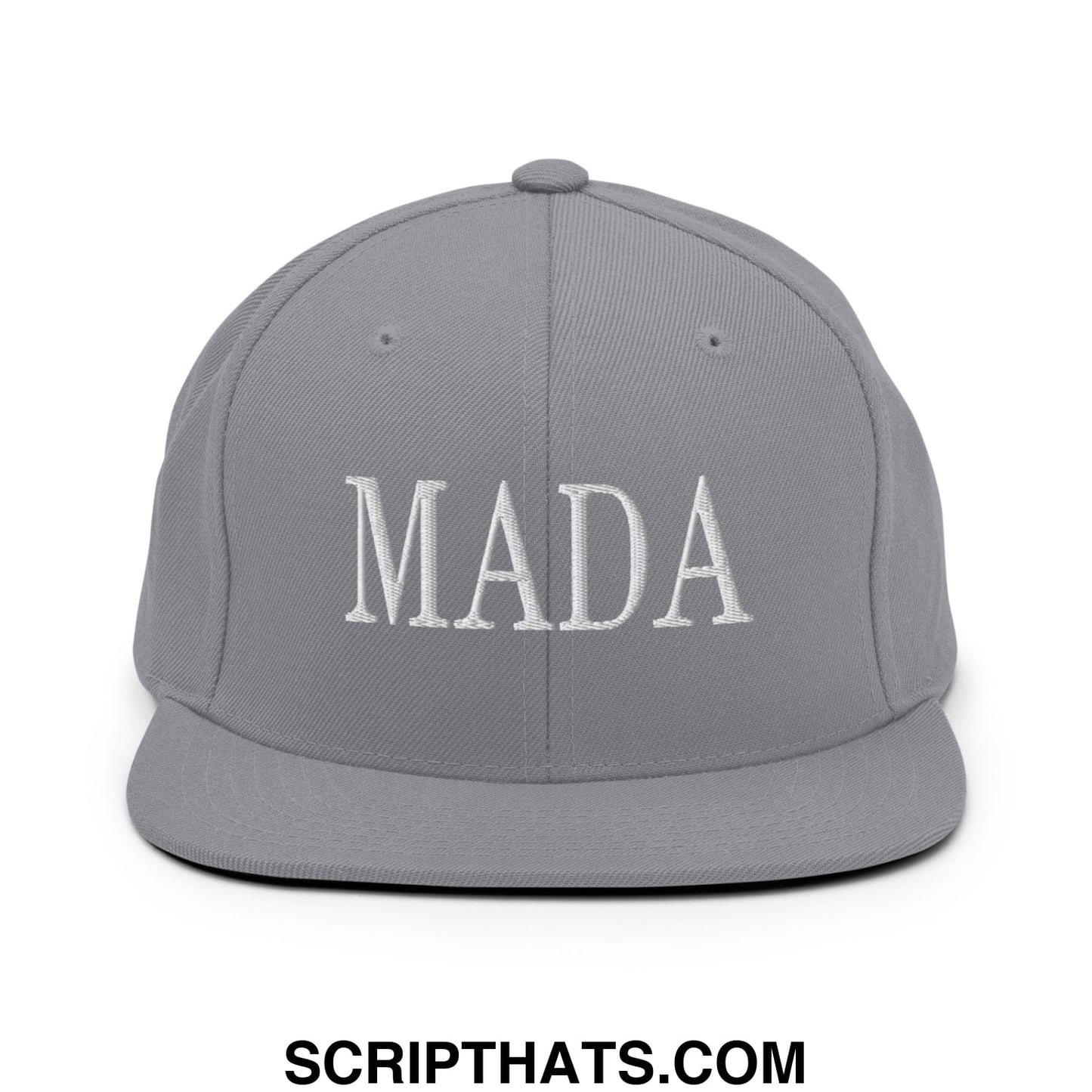 Gray snapback hat with white embroidered mada lettering featuring a flat bill brim for casual wear
