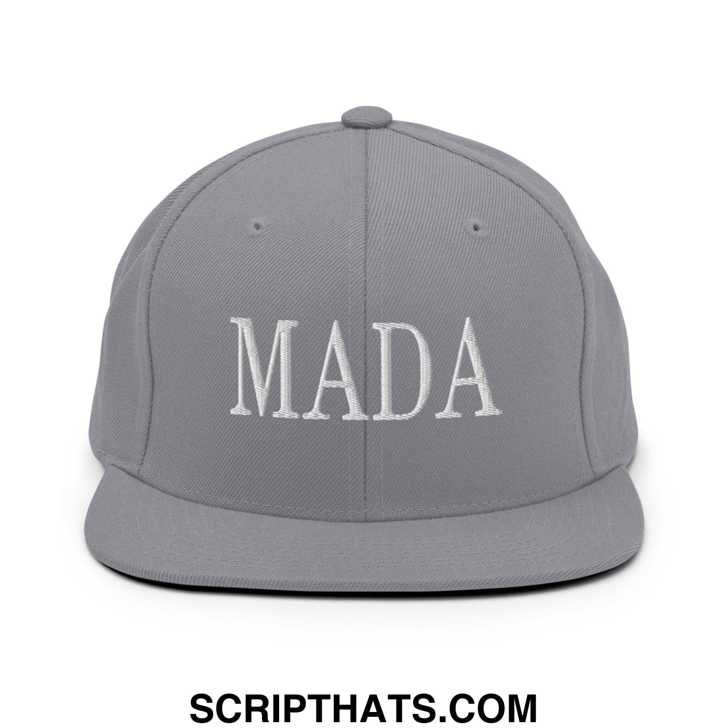 Gray snapback hat with white embroidered mada lettering featuring a flat bill brim for casual wear