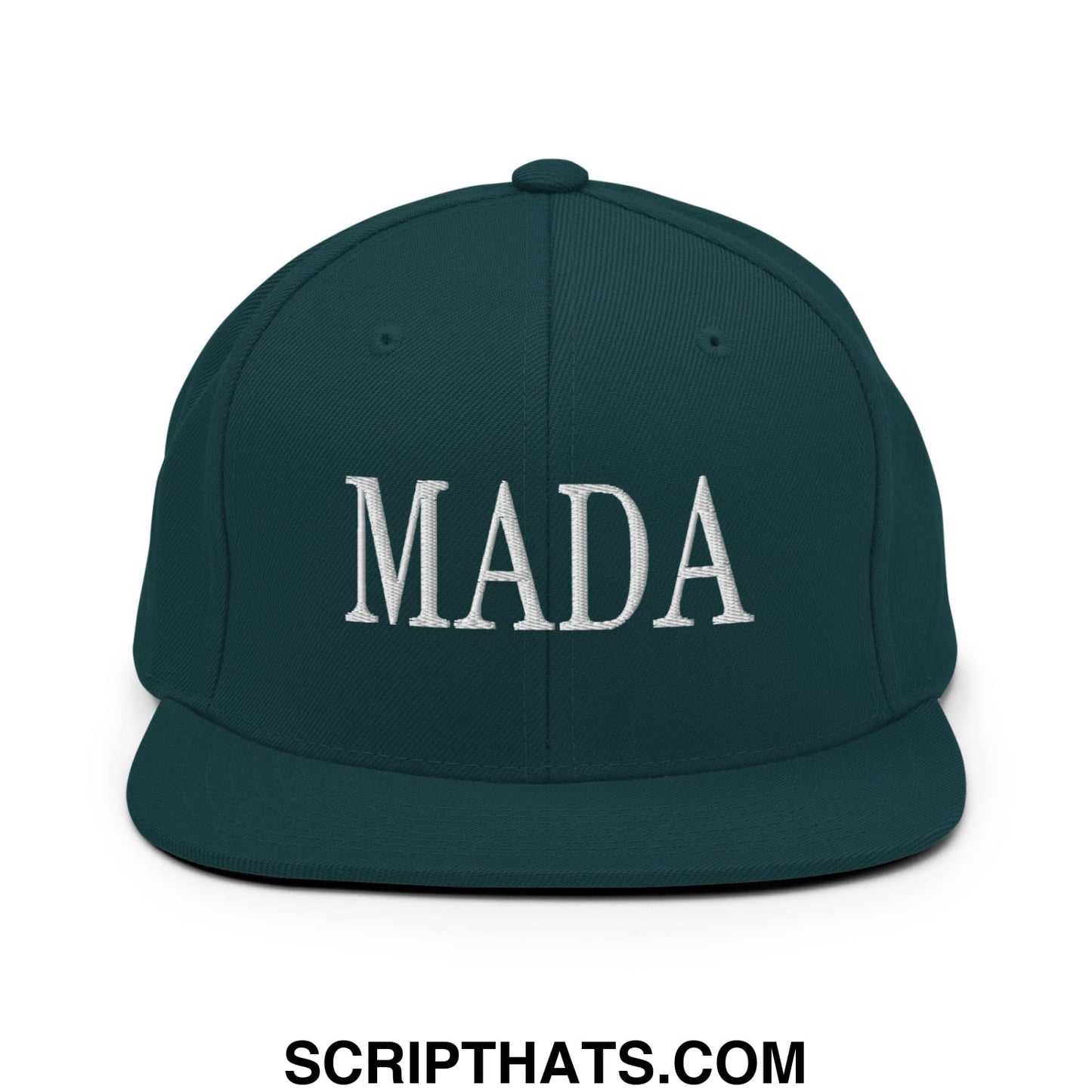 Dark green snapback cap with white embroidered mada lettering flat bill brim for casual wear