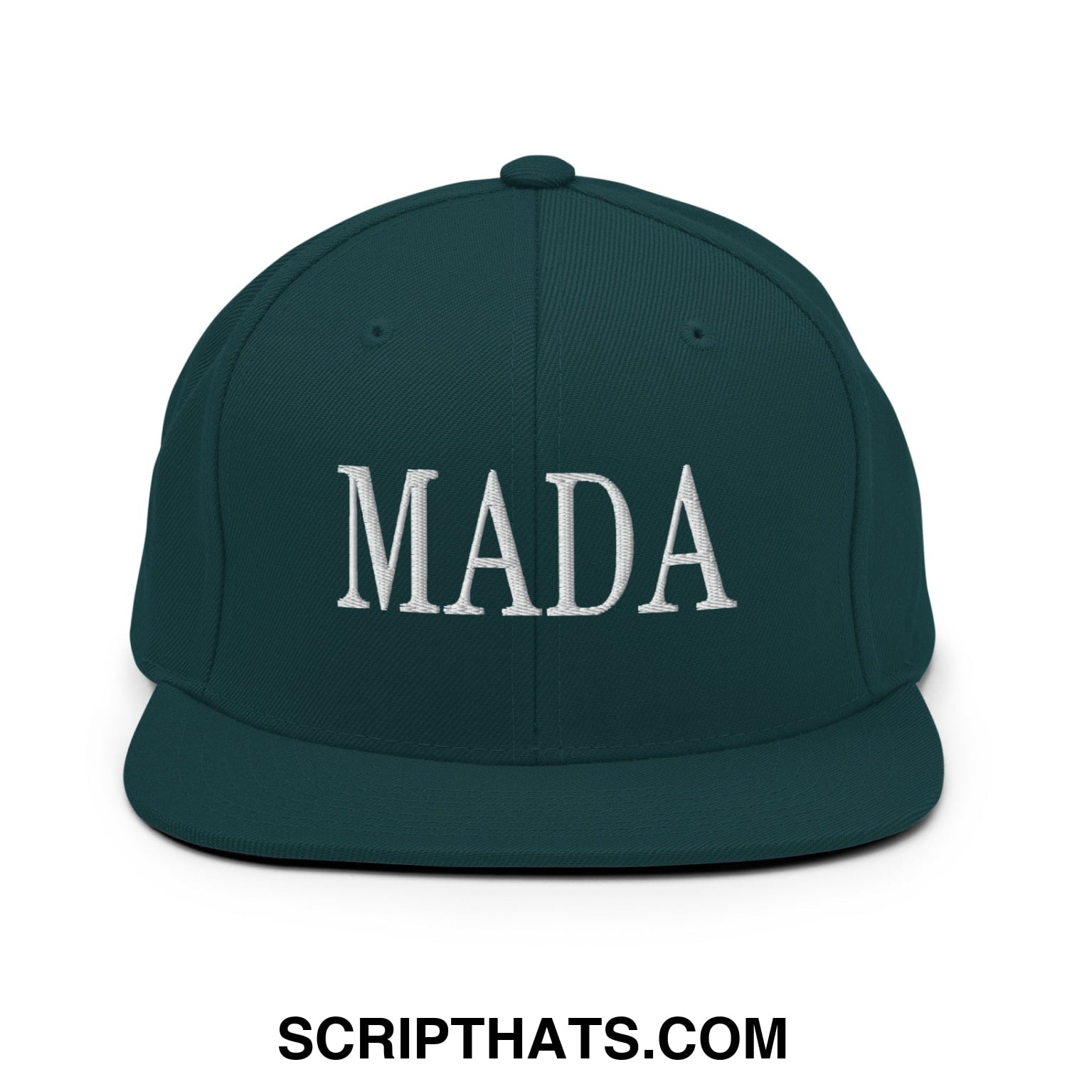Dark green snapback cap with white embroidered mada lettering flat bill brim for casual wear