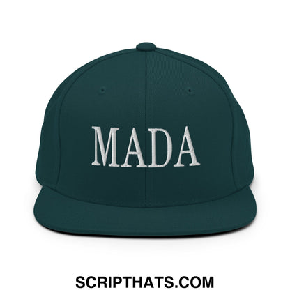 Dark green snapback cap with white embroidered mada lettering flat bill brim for casual wear