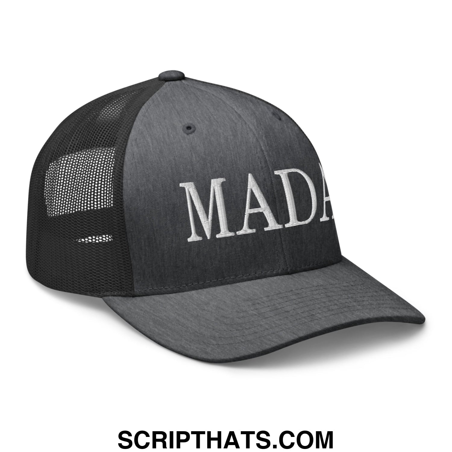 Black trucker mesh cap with white embroidered mada lettering front panel make america democrat again design