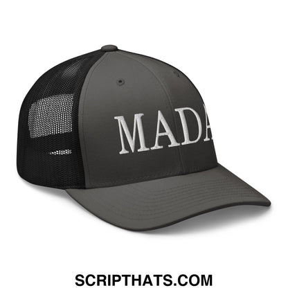 Dark gray mada trucker hat with black mesh back and white embroidered lettering for casual wear
