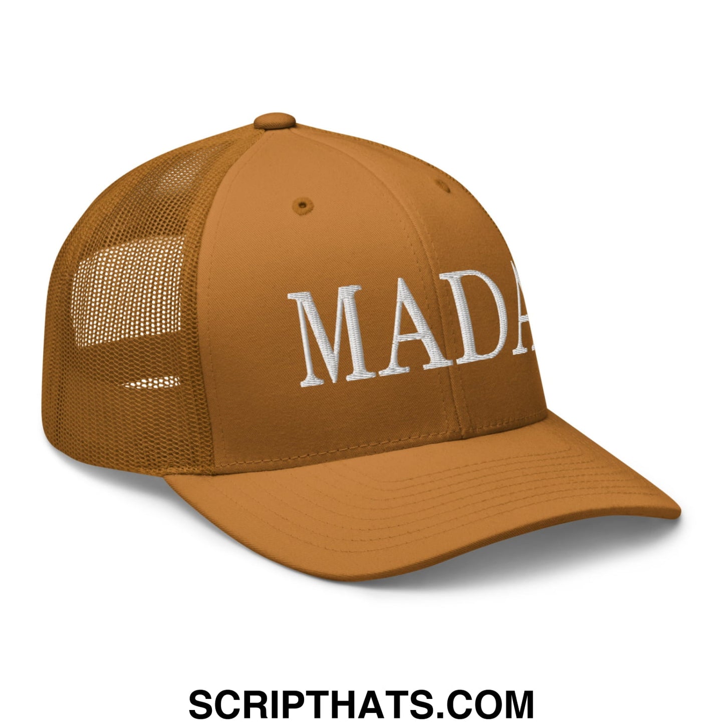 A tan mesh trucker hat with white embroidered mada make america democrat again lettering on the front