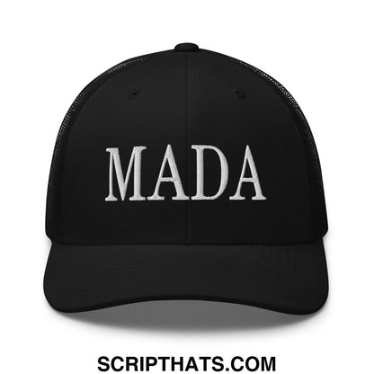 Black mesh trucker hat with white embroidered mada lettering from mada make america democrat again collection
