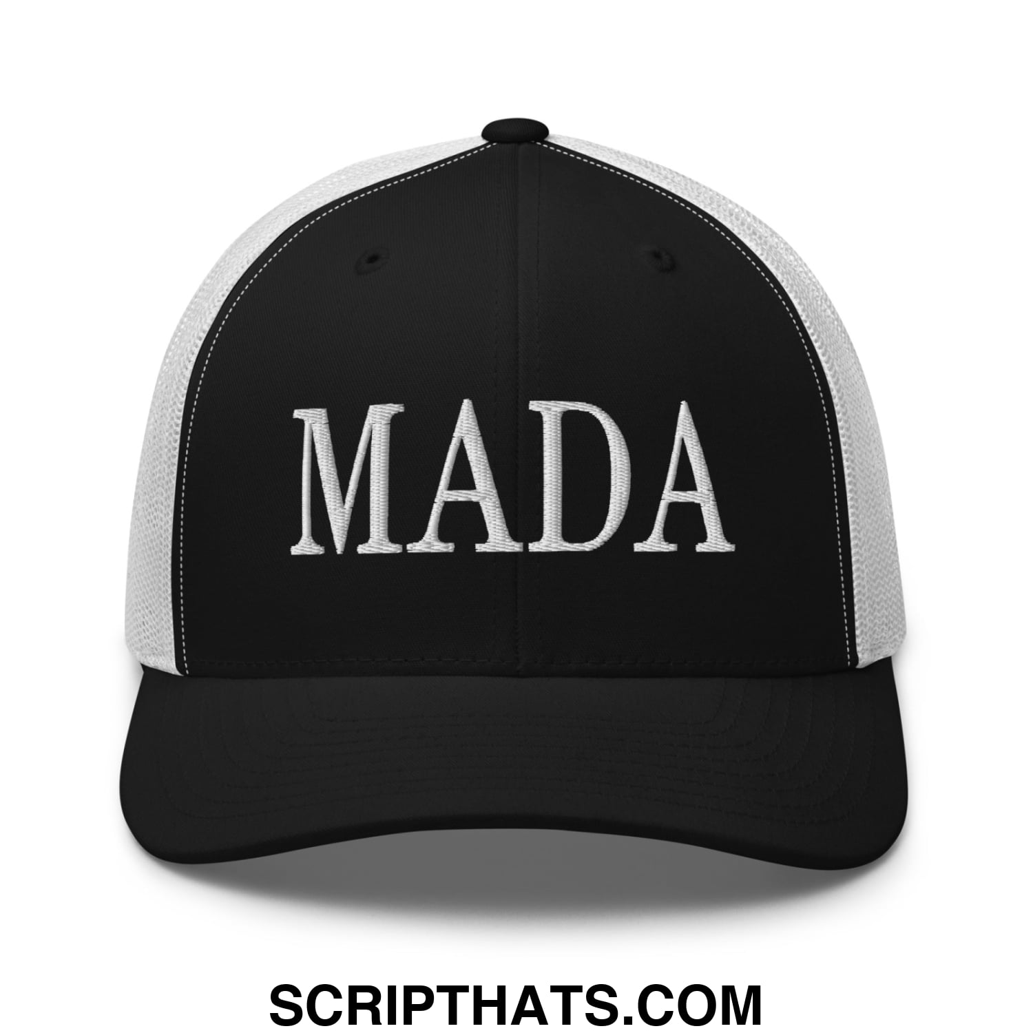 Black and white mesh trucker hat with mada embroidered in bold silver thread on the front for casual wear