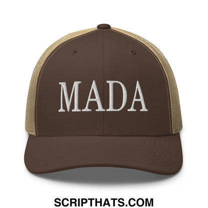 Brown and tan mesh trucker hat with mada embroidered in white on the front for make america democrat again campaign