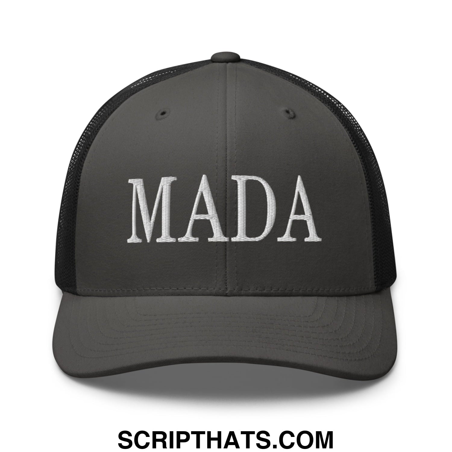 Dark gray mesh trucker hat with white embroidered mada lettering front for make America Democrat again use
