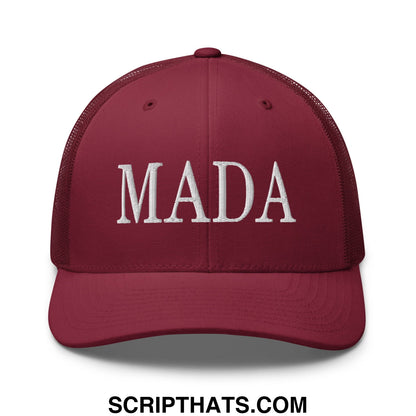 Maroon mesh trucker hat with white embroidered mada lettering for Make America Democrat Again campaign
