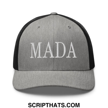 Gray and black mesh trucker hat with mada embroidered in white on the front for make america democrat again design