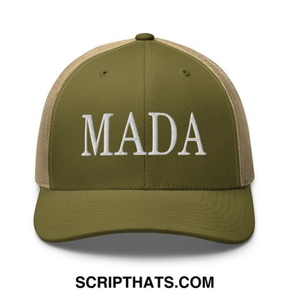 Olive green and tan mesh trucker hat with white embroidered mada lettering for make america democrat again