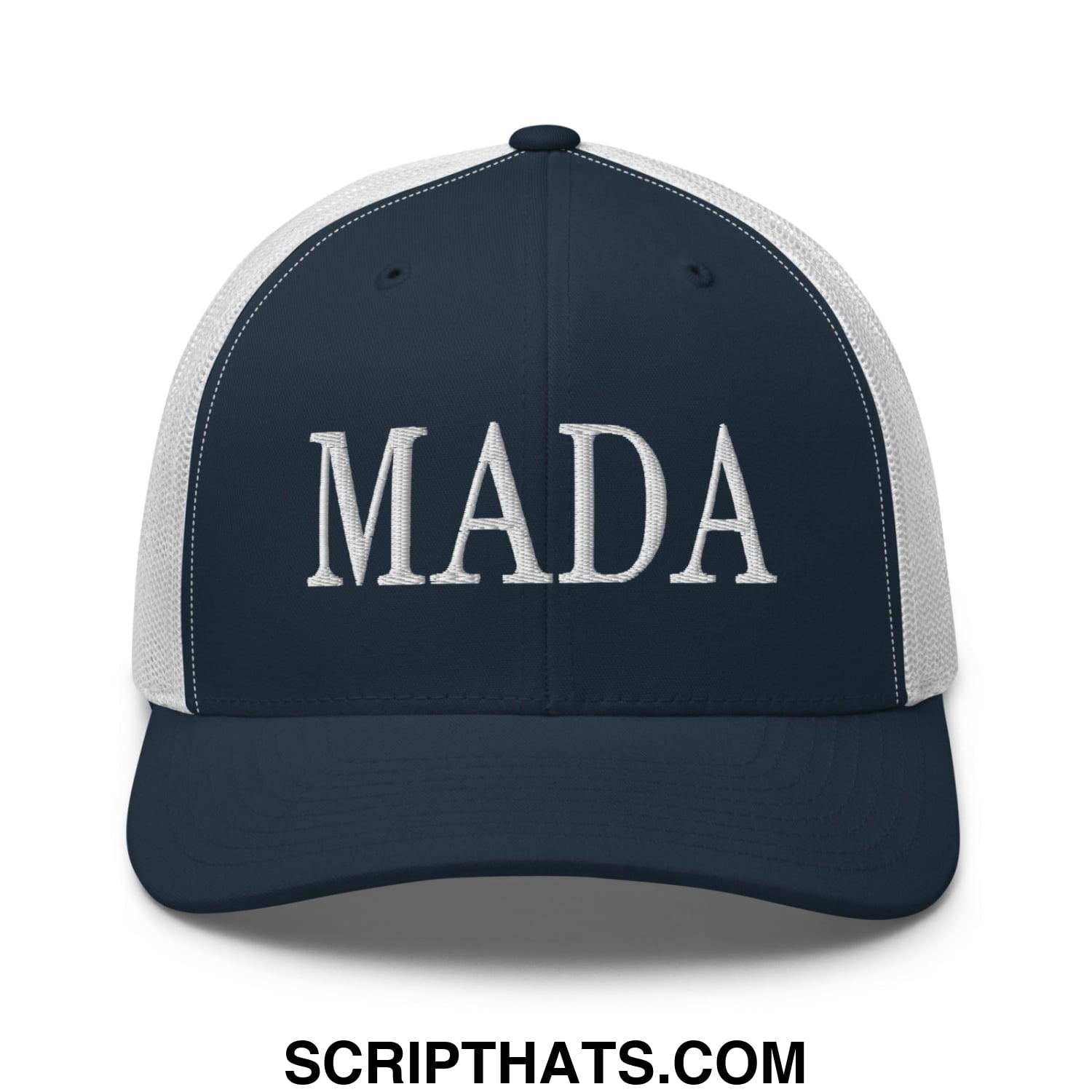Navy blue and white mesh trucker hat with mada embroidered in bold silver thread front for make america democrat use