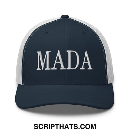 Navy blue and white mesh trucker hat with mada embroidered in bold silver thread front for make america democrat use