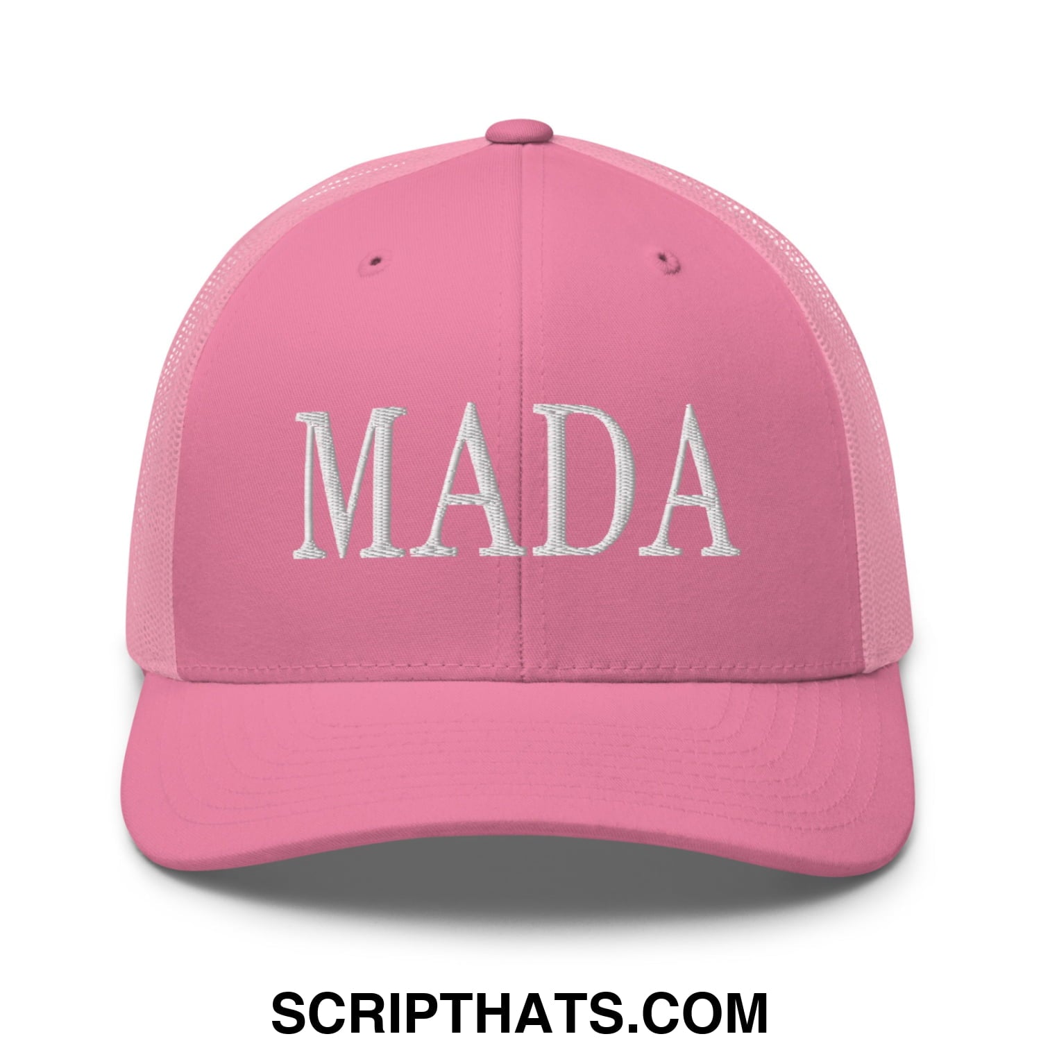 Pink mesh trucker hat with white embroidered mada lettering from mada make america democrat again collection
