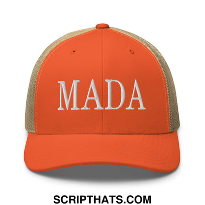 Orange and beige mesh trucker hat with white embroidered mada lettering for Make America Democrat Again campaign