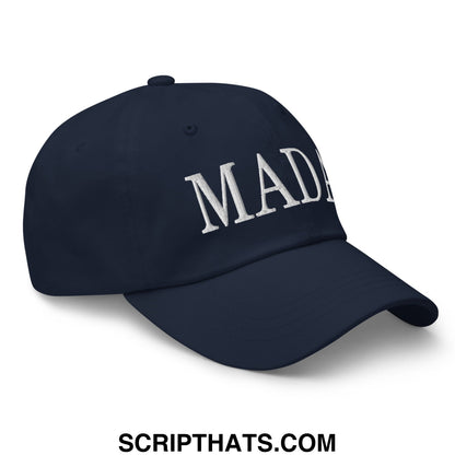 Navy blue unstructured dad hat with white embroidered mad lettering from MADA Make America Democrat Again collection