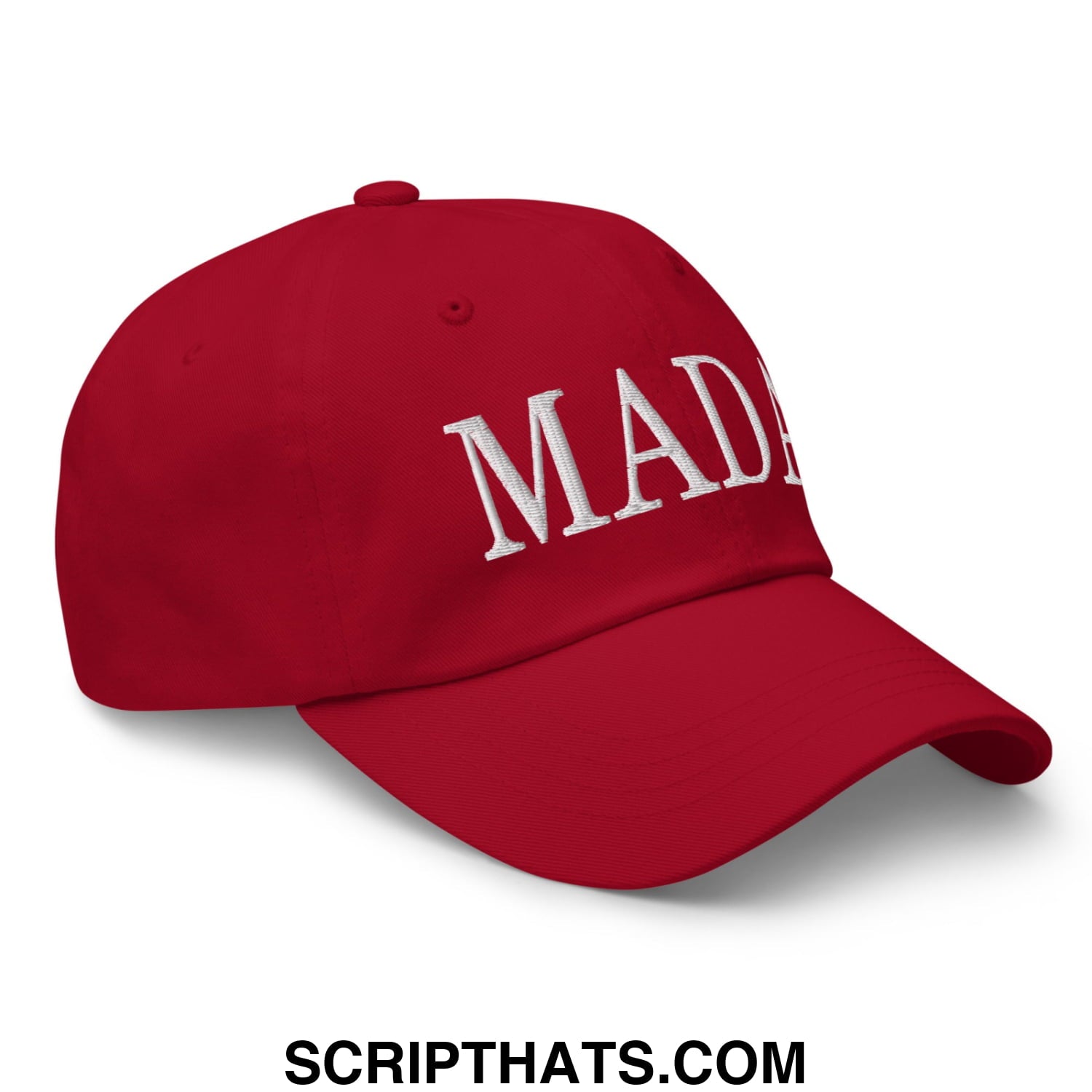 Red unstructured dad hat with white embroidered mad lettering in a make america democrat again design