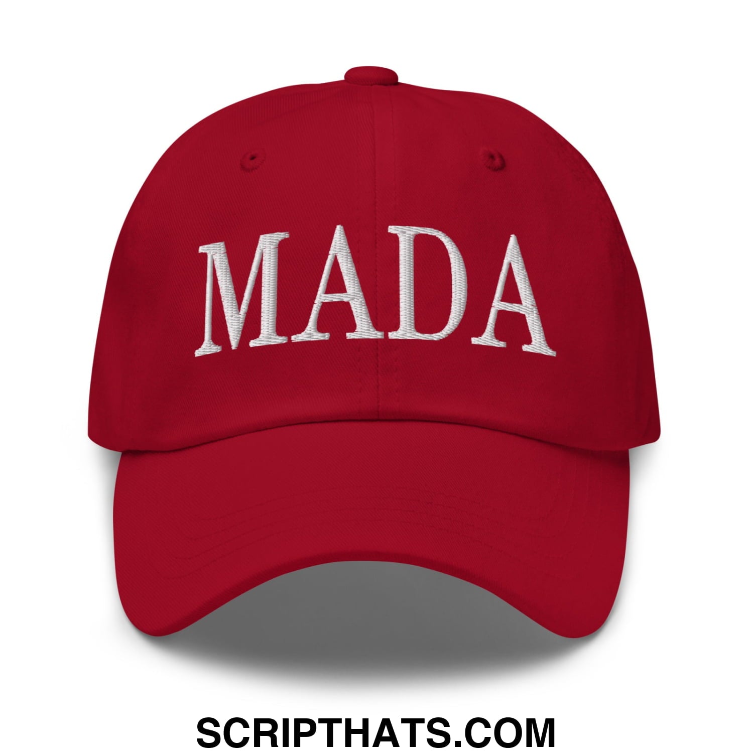 Red embroidered unstructured dad hat with mada logo for make america democrat again supporters