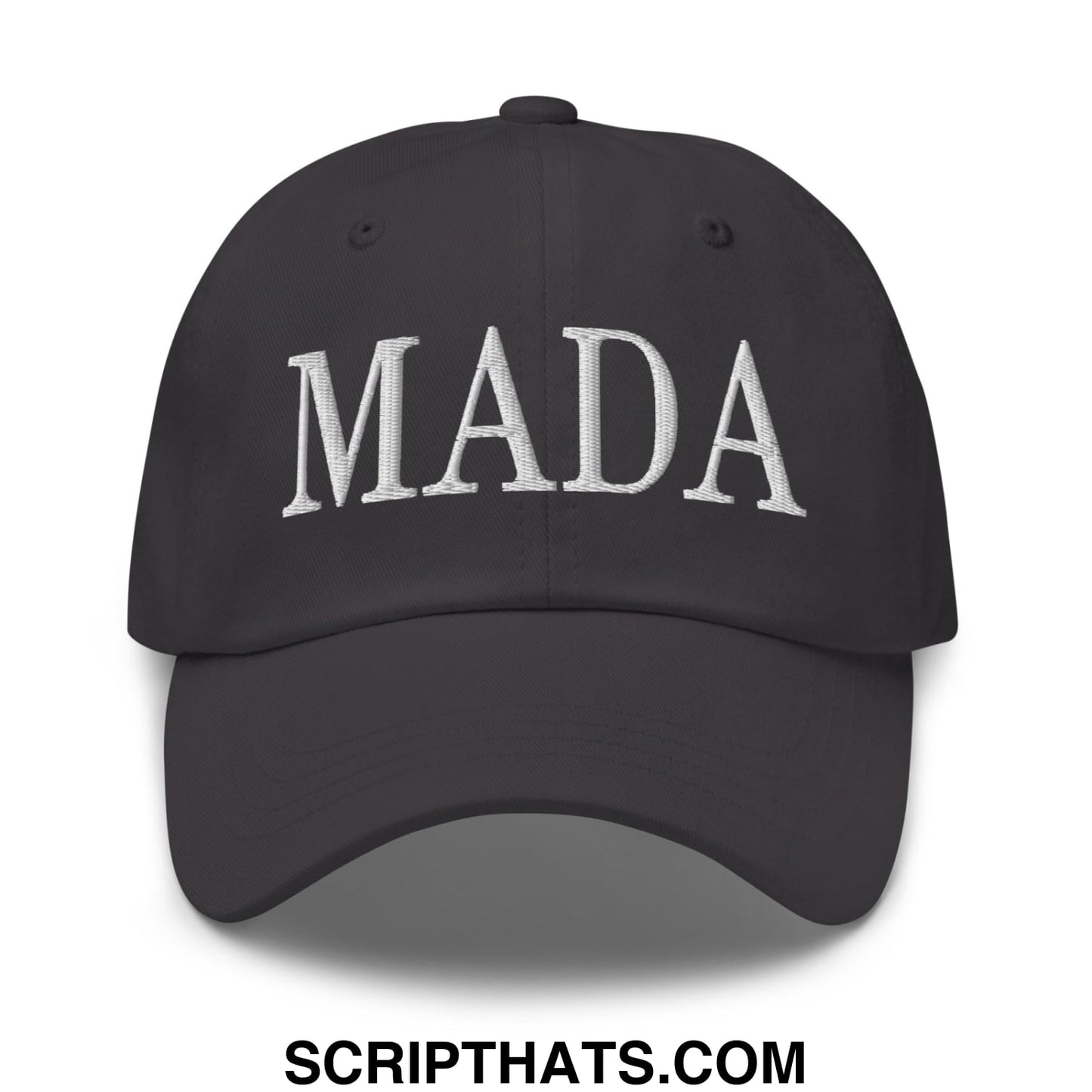 Black unstructured dad hat with white embroidered mada lettering for casual wear by MADA Make America Democrat Again