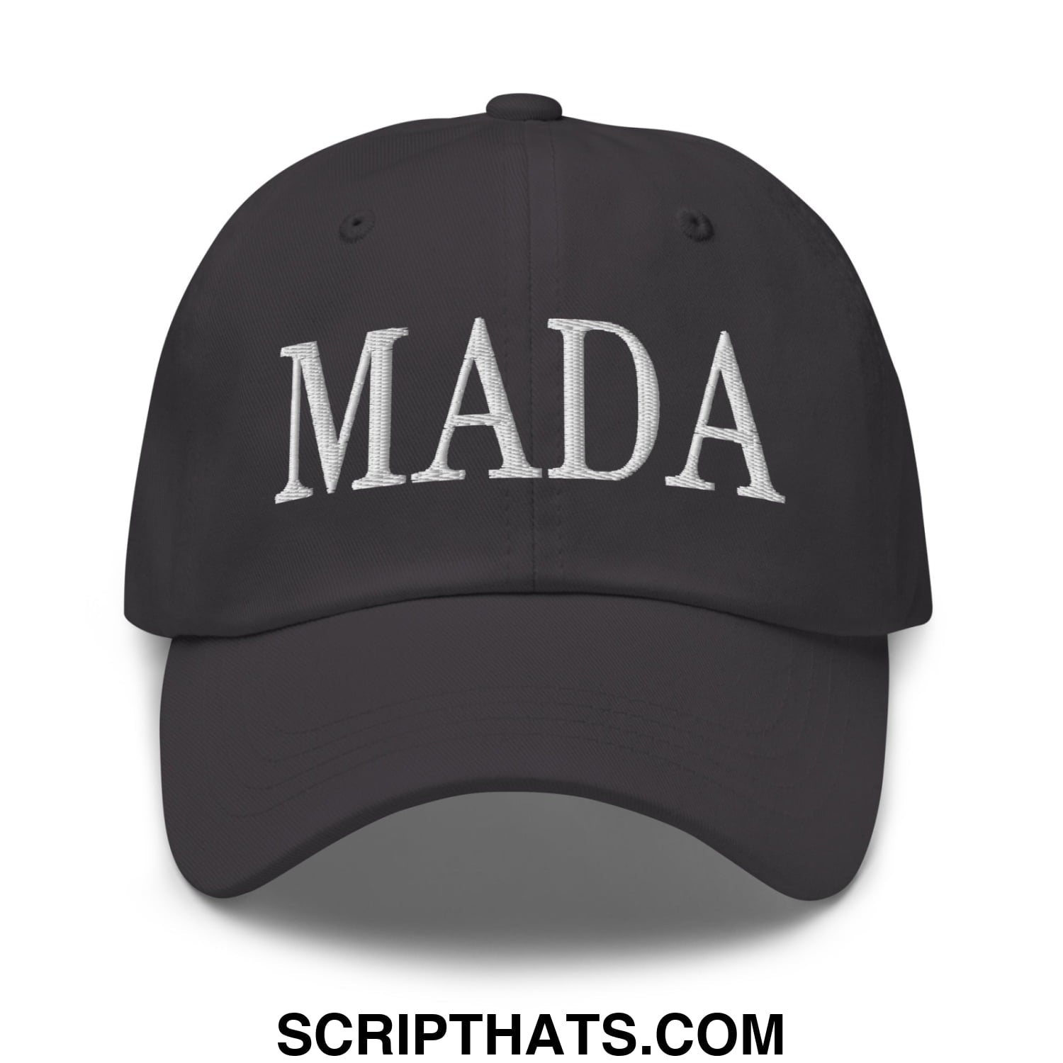 Black unstructured dad hat with white embroidered mada lettering for casual wear by MADA Make America Democrat Again