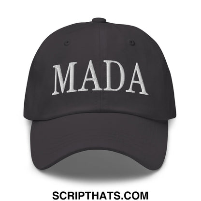 Black unstructured dad hat with white embroidered mada lettering for casual wear by MADA Make America Democrat Again