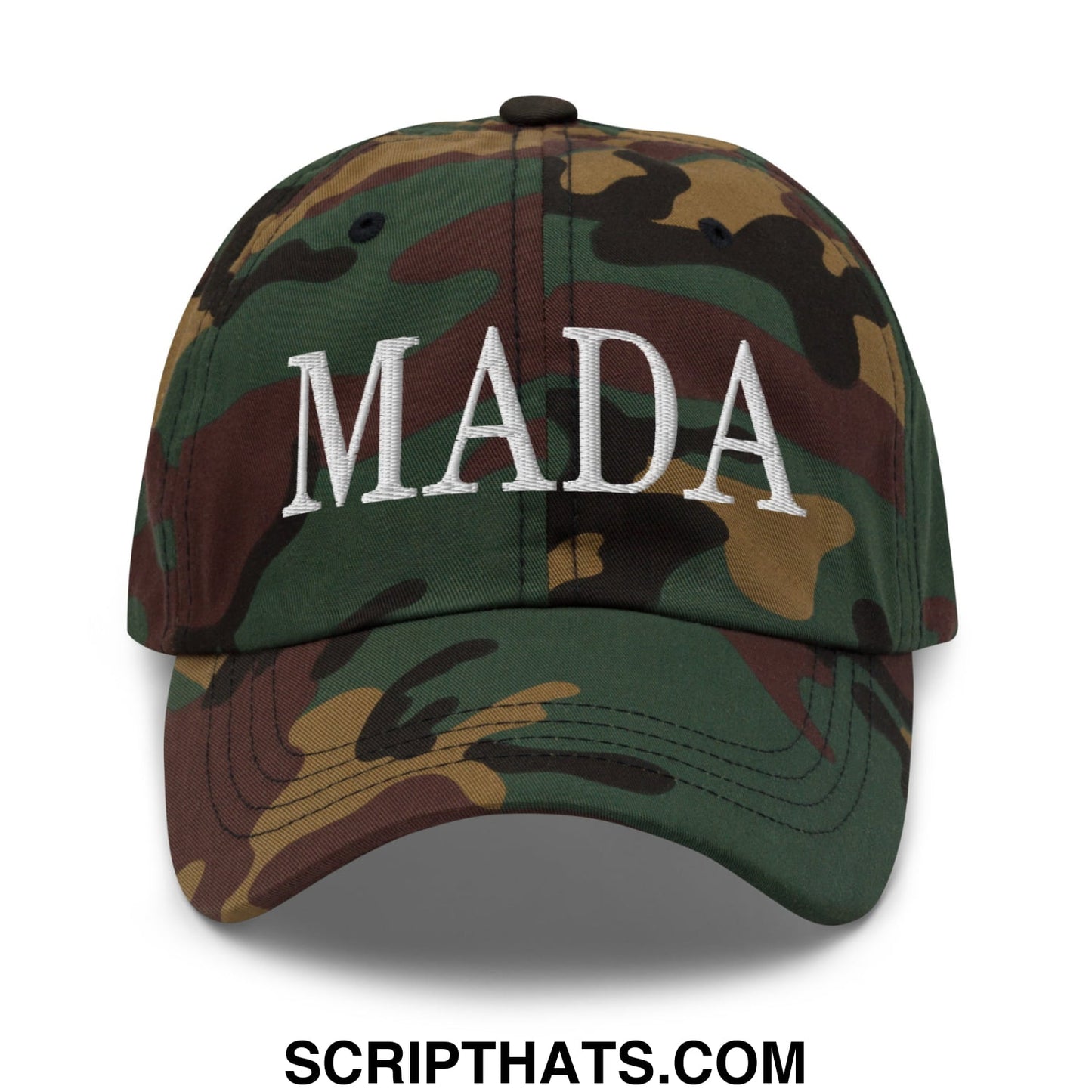A camouflage baseball cap with mada embroidered in white thread on the front in an unstructured dad hat style
