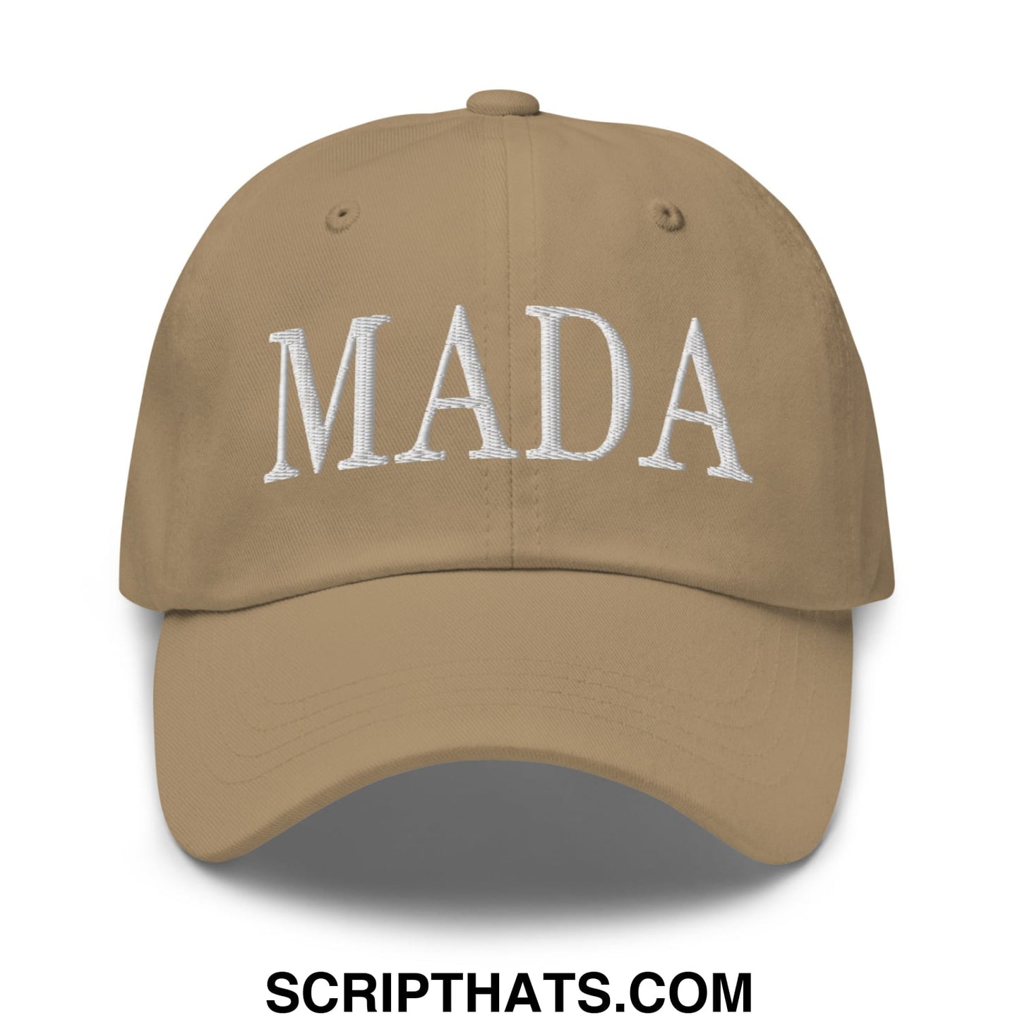 Beige unstructured dad hat with white embroidered mada lettering for casual wear and political statement