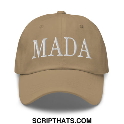 Beige unstructured dad hat with white embroidered mada lettering for casual wear and political statement