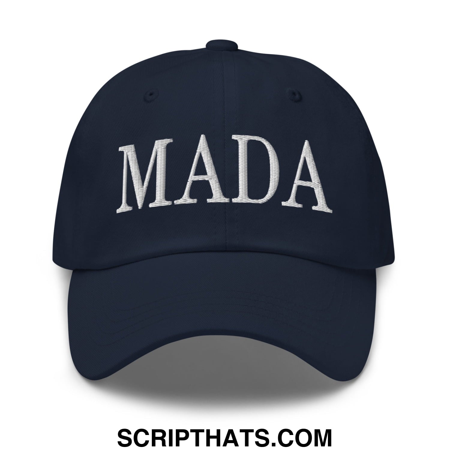 Navy blue unstructured dad hat baseball cap with white embroidered mada lettering for casual wear