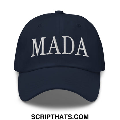Navy blue unstructured dad hat baseball cap with white embroidered mada lettering for casual wear