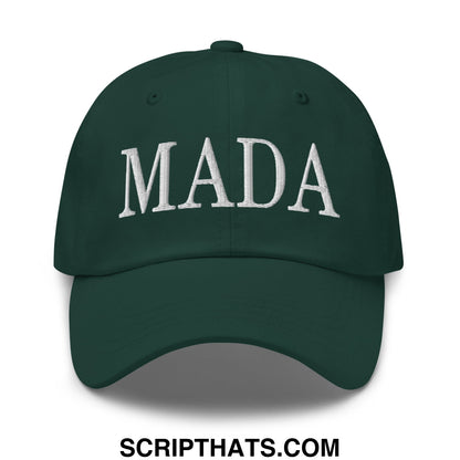 Dark green unstructured dad hat with white embroidered mada lettering make america democrat again design
