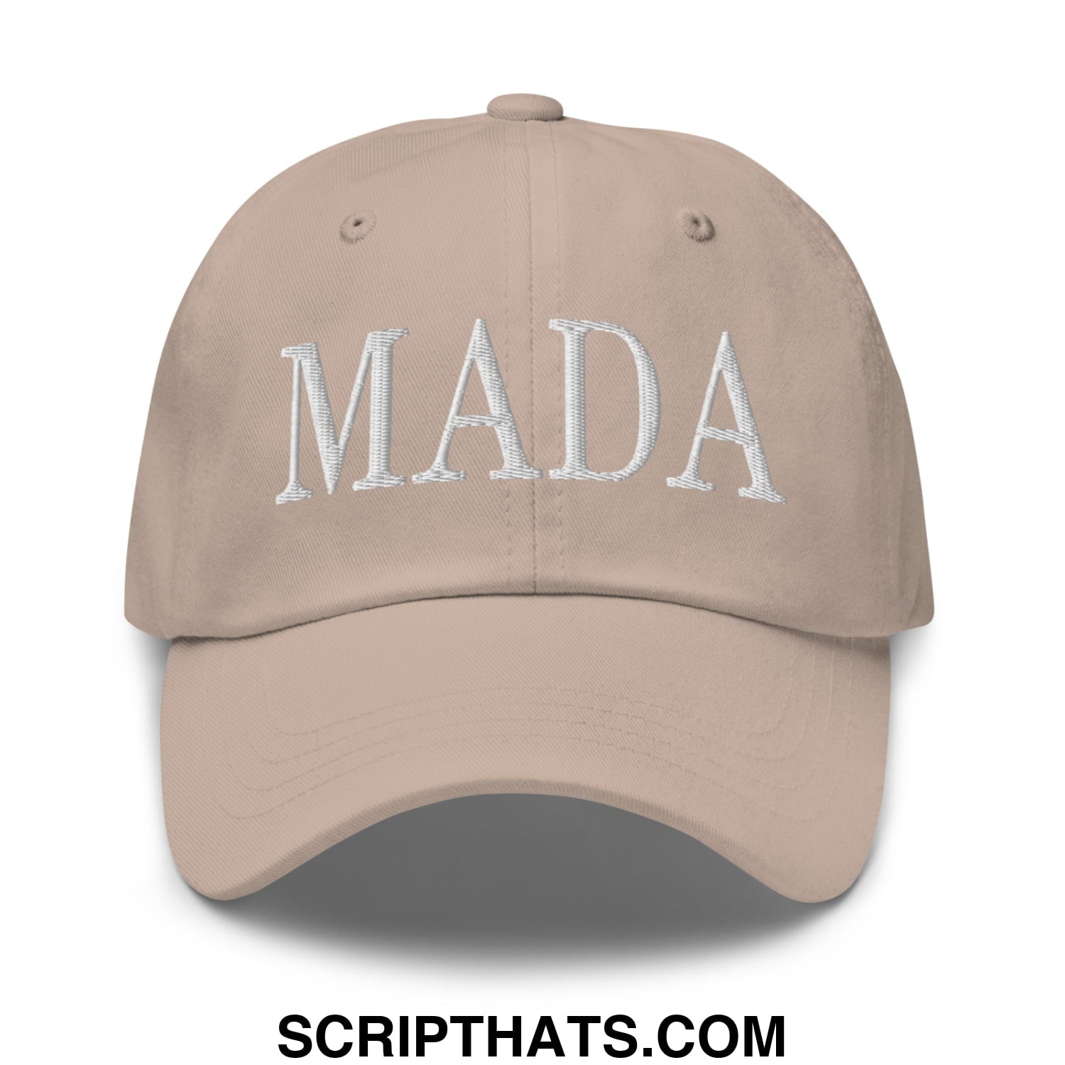 Beige unstructured dad hat with white embroidered mada lettering for make america democrat again style