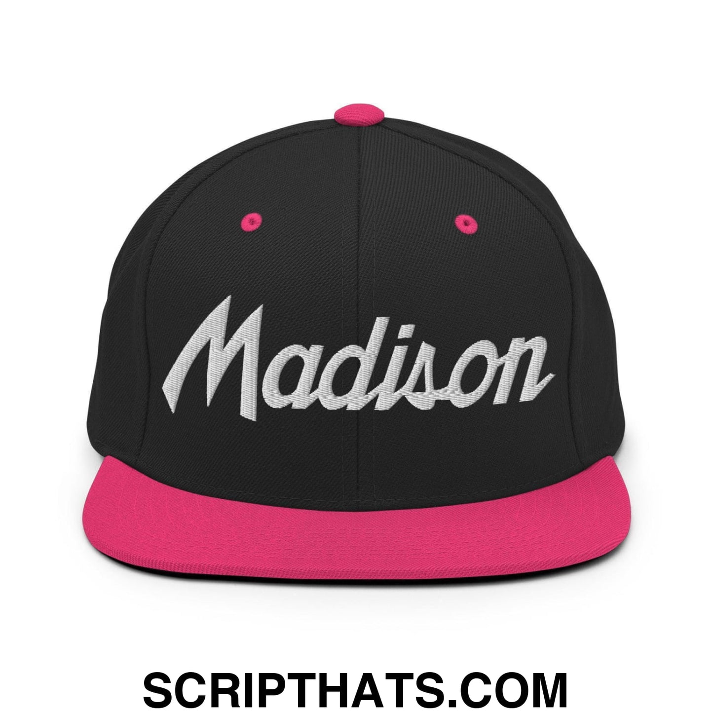 Madison Script Snapback Hat Black Neon Pink