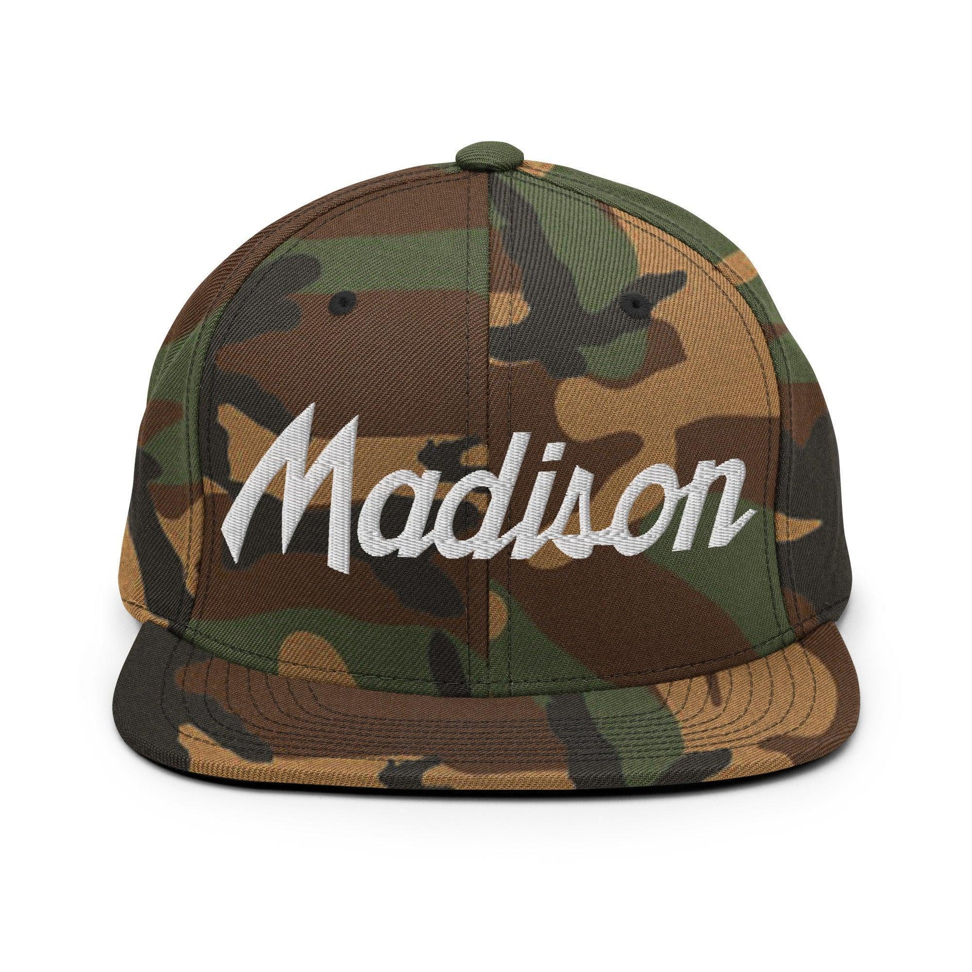 Madison Script Snapback Hat Green Camo