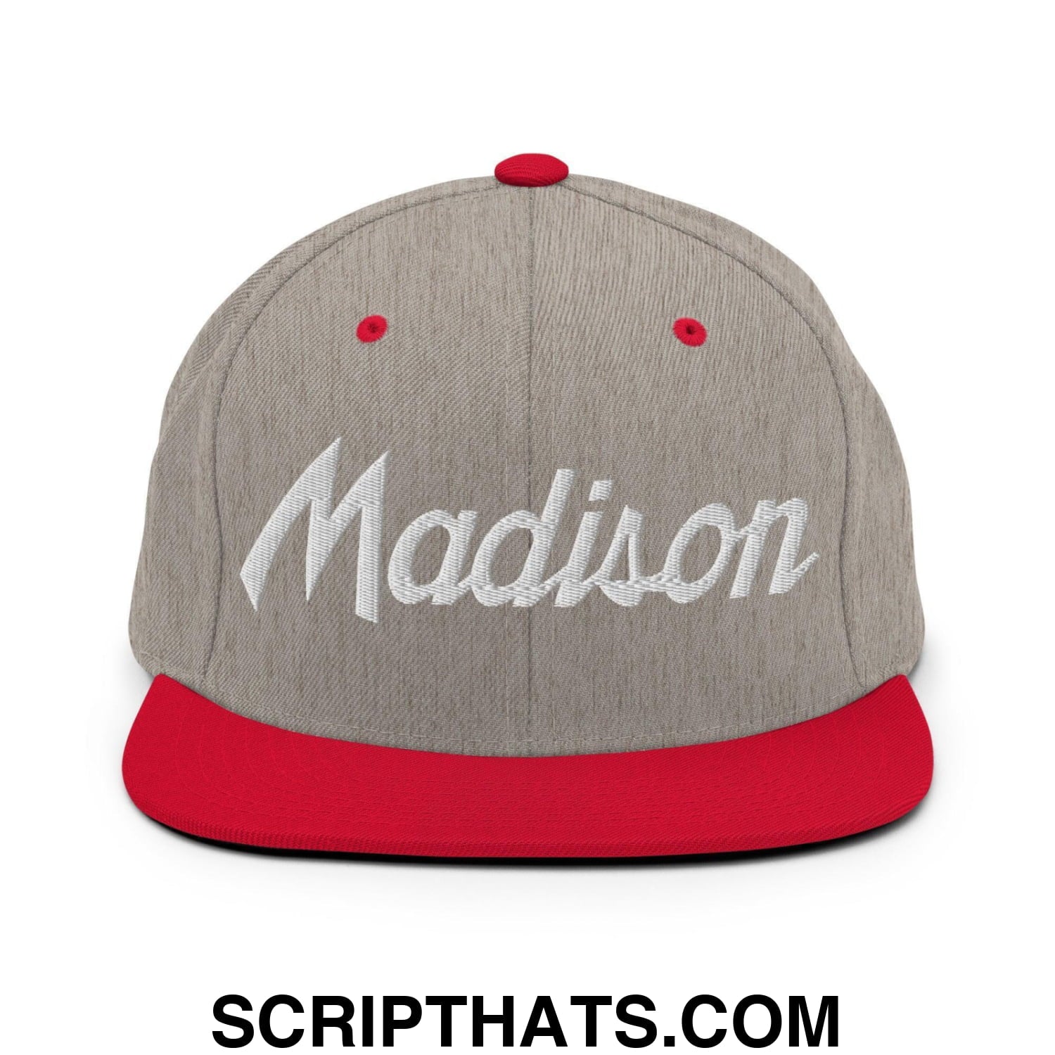 Madison Script Snapback Hat Heather Grey Red