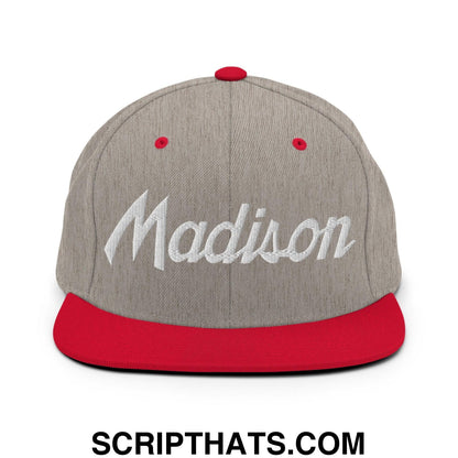 Madison Script Snapback Hat Heather Grey Red