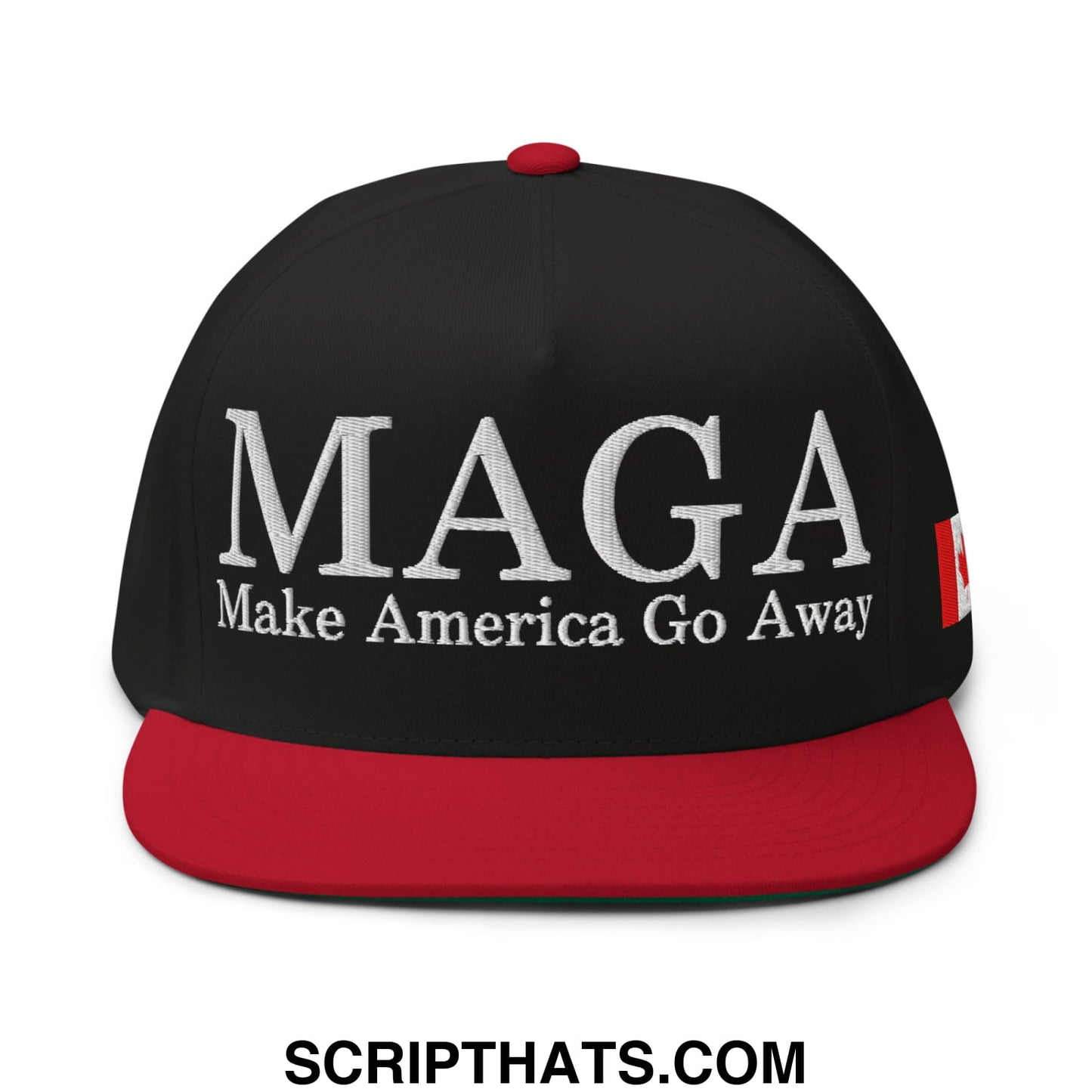 MAGA Make America Go Away Canada Flag Embroidered Flat Bill Brim 5 Panel Snapback Hat Black Red