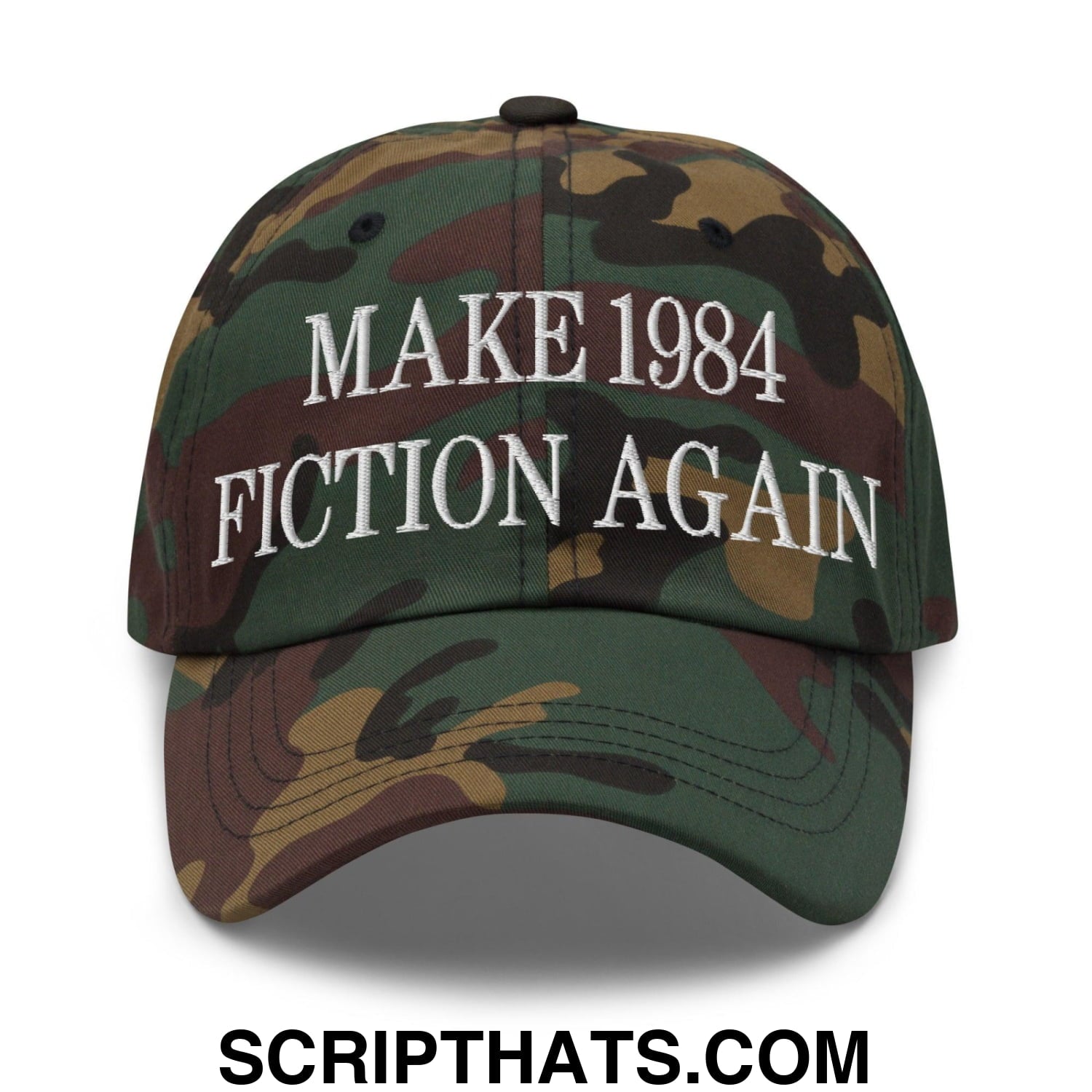 Make 1984 Fiction Again Embroidered Dad Hat Green Camo